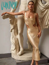 Lunivop Women Summer Sexy Backless Hollow Out Midi Gold Silver Bronzing Bodycon Bandage Dress